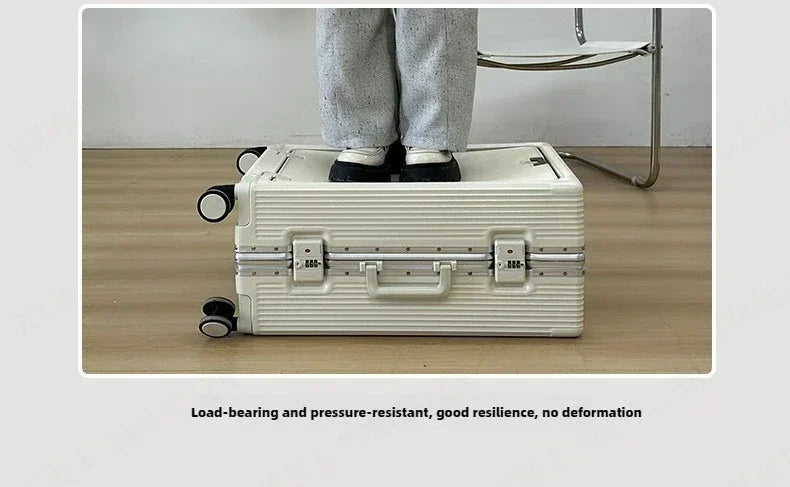 Vorne öffnender Rollgepäckkoffer mit großer Kapazität, Aluminiumrahmen, ABS + PC-Trolley, Koffer, USB-Lade-Boarding-Koffer