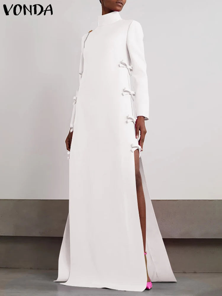 Plus Größe VONDA Frauen Lange Maxi Roben Kleid 2024, Elegante Chinesische Stil Bowknot Stehkragen Party Schlitz Sommerkleid Vintage Vestidos.