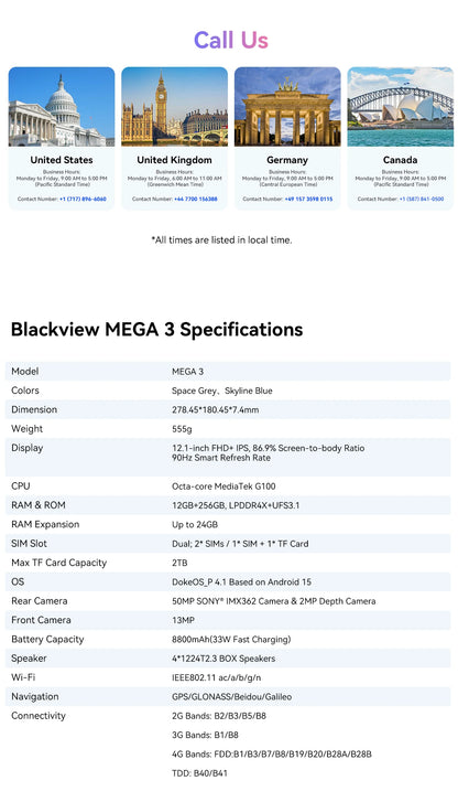 2025 Blackview MEGA 3 Tablet Android 15 Pad 12.1" 2.5K 90Hz Display 12GB 256GB 8800mAh Tablets PC 33W Fast Charging 50MP Camera