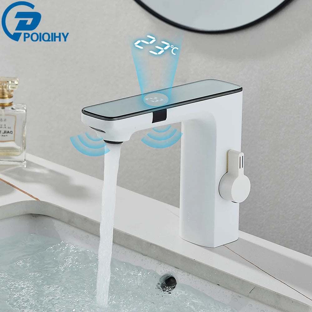 White Smart Sensor Basin Faucet Screen Digital Display Hot Cold Water Mixer Tap Touchless Vanity Sink Faucet For Bathroom