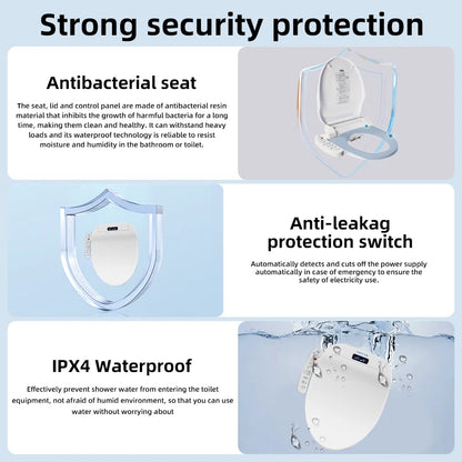 Intelligenter Bidet-Toilettensitz für Badezimmer, beheizter Sitz, langsames Schließen, warmer Trockner, hinten vorne, waschbar, warmes Wasser, Fernbedienung, Nachtlicht