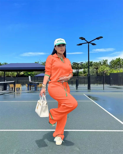 Active Wear Gestrickter lässiger Trainingsanzug für Damen, zweiteiliges Set, sportliches Fitness-gestreiftes Pullover-Oberteil und Hose mit weitem Bein, Jogging-Femme