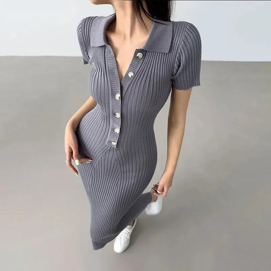 OCEANLOVE Meerjungfrau Rüschen Kleider für Frauen Gestrickte Solide Einreiher Sexy Vestidos Mujer Mode Frühjahr Sommer Langes Kleid