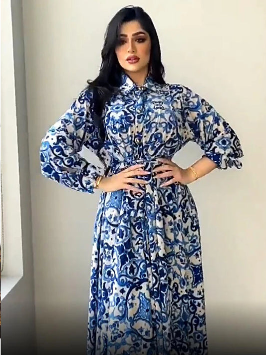 Eid mubarak abaya kleid dubai muslimische frauen drucken blaue hijab kleider truthahn islamische kleidung kaftan marocain vestido musulmane