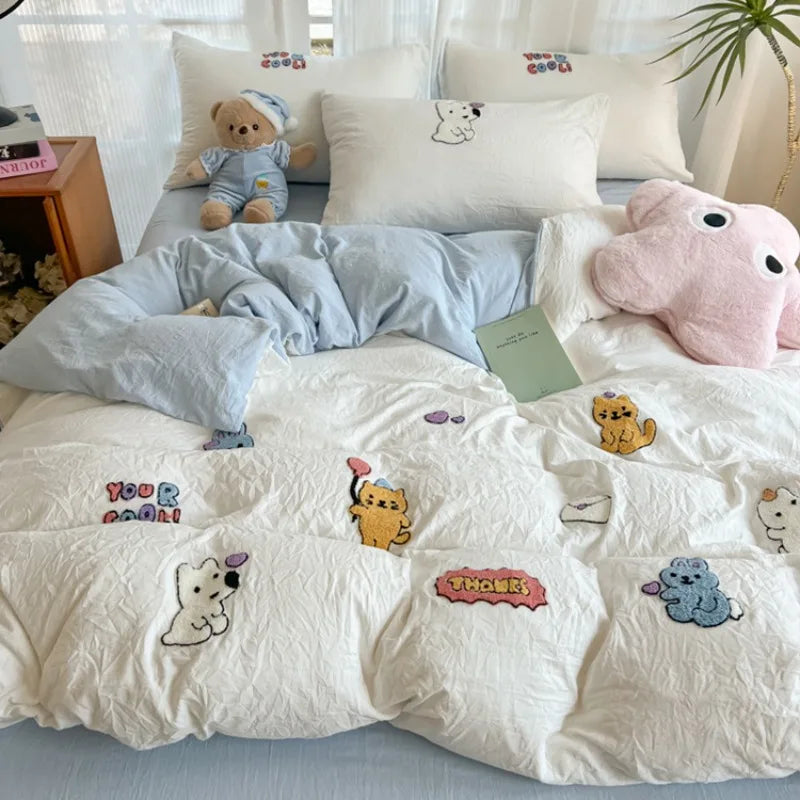New washed cotton towel embroidery four-piece set animal paradise bed sheet bed hat home student dormitory three-piece set