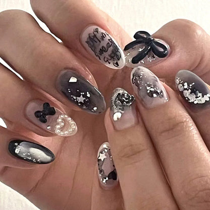 24Pcs False Nails Spicy Girl Silver Bow with Diamond Fake Nails with Glue Almond Press on Nails Black Cool Y2k Almond Nail Set