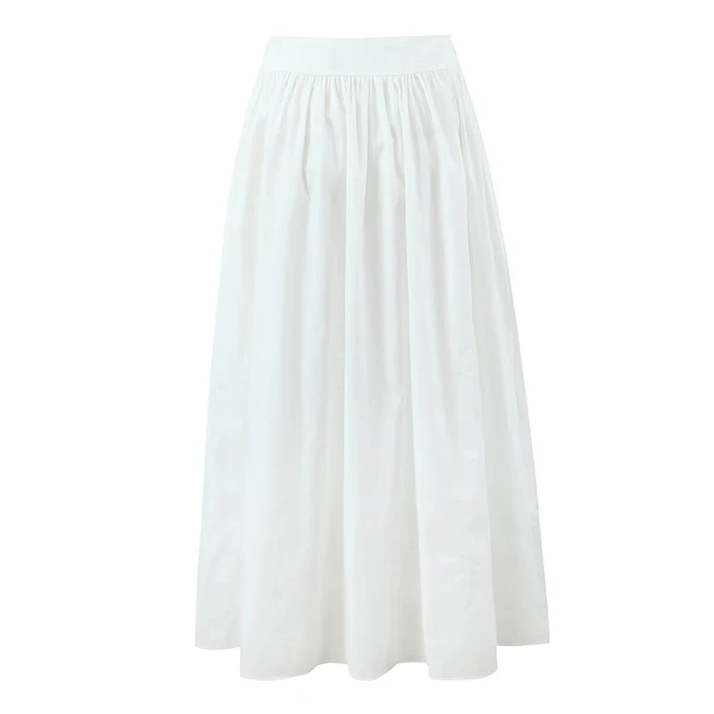 YENKYE 2025 Women Yellow White Cotton Big Swing Long Skirt Vintage High Waist Side Zipper A-line Summer Skirts Holiday.