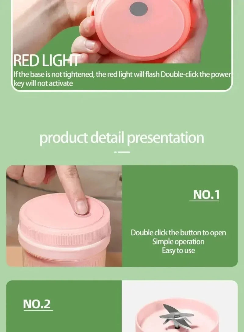 6-Blade Mini Portable Electric Juicer Bottle – USB-Charged, Shakes Orange/Lemon, Works As Fresh Fruit Mixer & Squeezer.