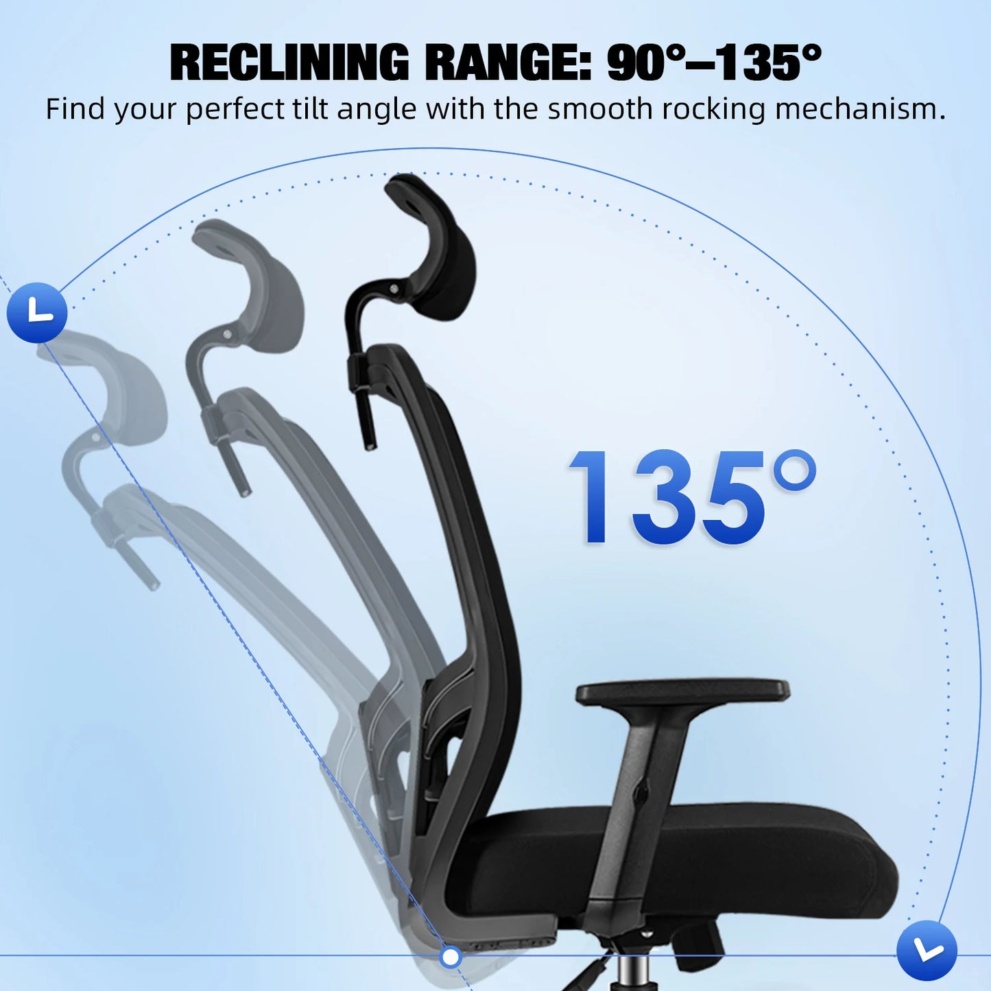 AUTHMIC Ergonomischer Bürostuhl aus Netzstoff, verstellbarer, drehbarer Computer-Schreibtischstuhl mit Liegestuhl 90er ° -135 Lordosenstütze für das Heimbüro