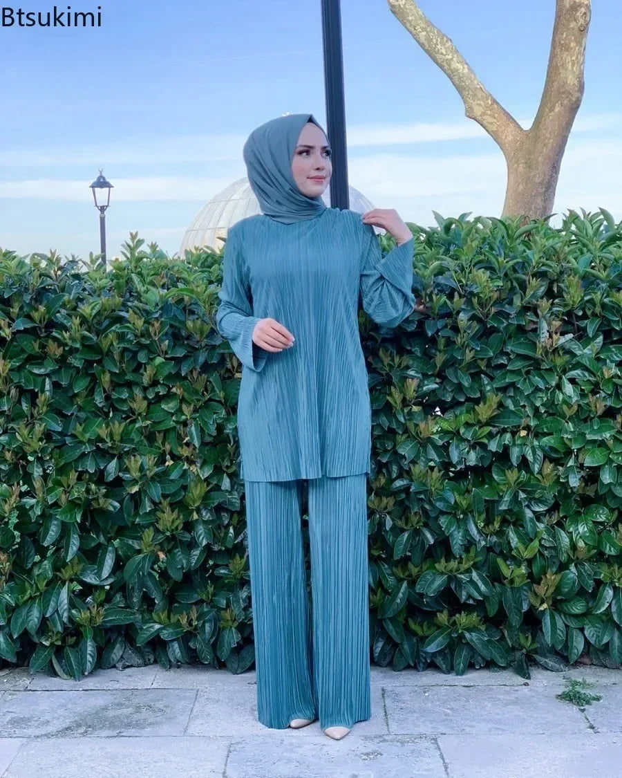 Women Casual Vintage Muslim Sets Ramadan Abaya Hijab Turkey Dubai Kaftan Prayer Dress Wide Leg Pants 2 PCS Sets Islamic Clothing.