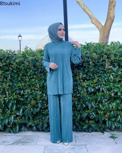 Women Casual Vintage Muslim Sets Ramadan Abaya Hijab Turkey Dubai Kaftan Prayer Dress Wide Leg Pants 2 PCS Sets Islamic Clothing.