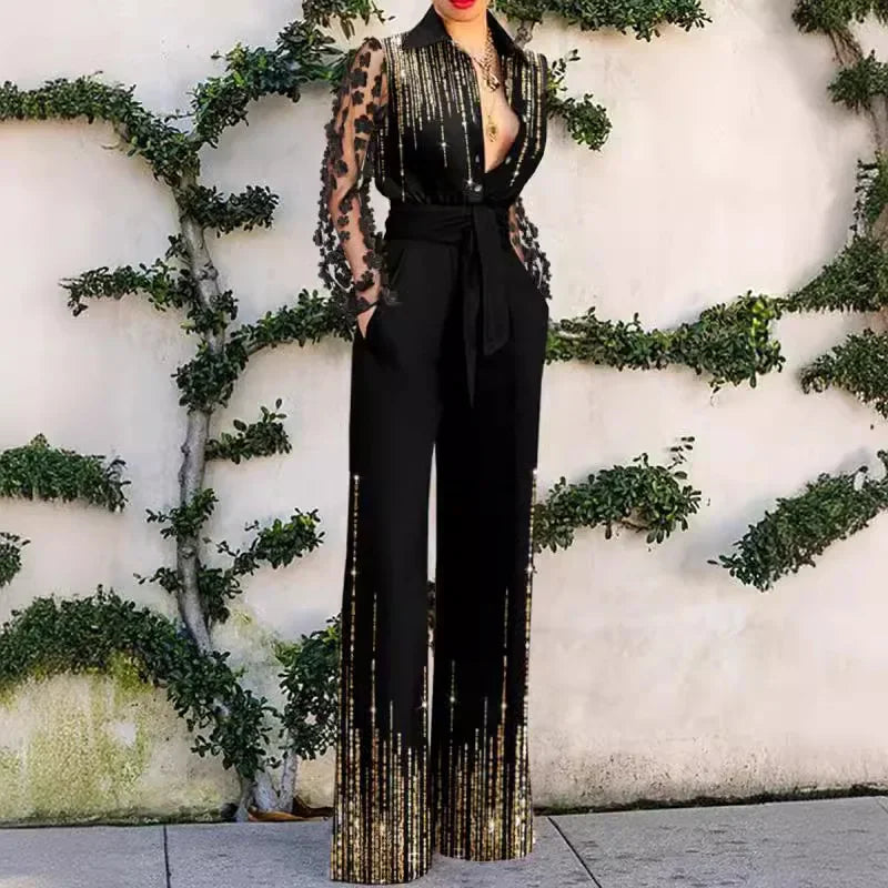 Sexy Fashion Lace Long Sleeve High Waist Single Breasted Wide Leg Pants Overalls Romper Onepices Elegant Women Corset Jumpsuit.