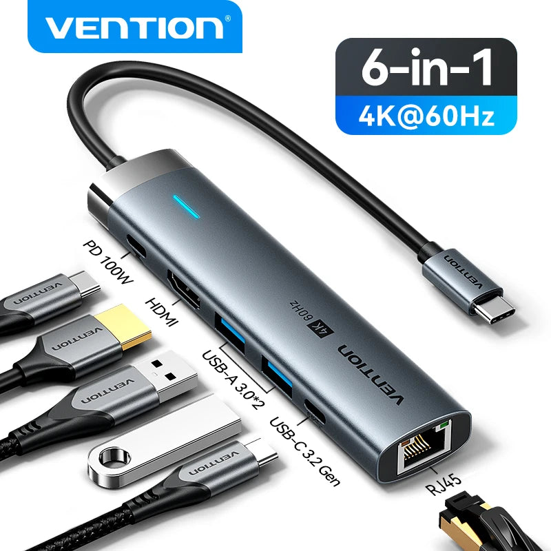 Vention USB C HUB Type C to HDMI 4K60Hz RJ45 PD 100W Adapter For Macbook iPad Pro Air M2 M1 Sumsang PC Accessories USB 3.0 HUB.