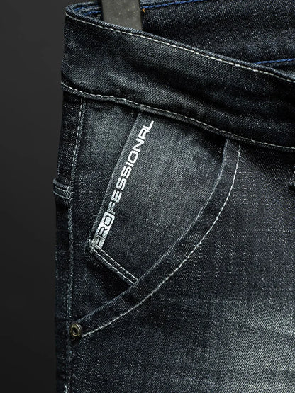 Fashion Ripped Men's Slim Straight Stretch Jeans Korean Personality Streetwear Denim Pants Classic Black Hip Hop Male Trousers.