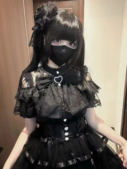 Japanese Mine Lolita Bow Shirt Subcultural Shirts Female Cute Black and White Lace Long-sleeved Short-sleeved Blouse Women.