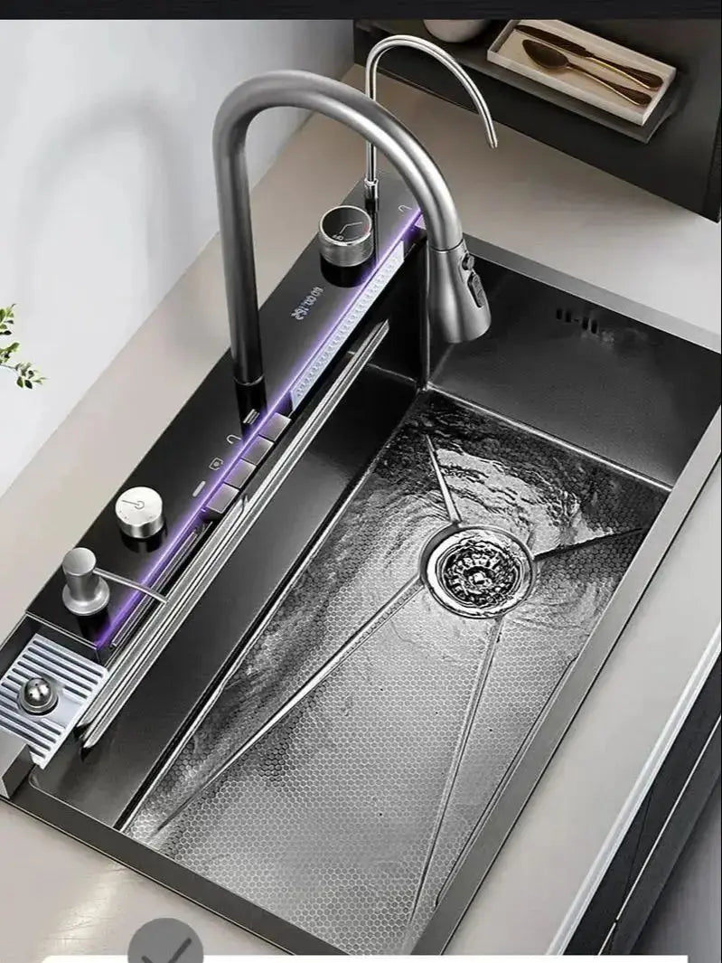 68x46cm Large Capacity Kitchen Sink Faucet Whale Waterfall Design Multifunctional Single Tank Home Appliance Fashionable