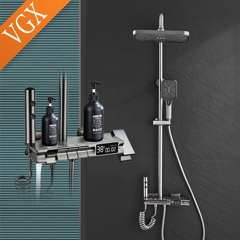 VGX Thermostatic Shower System Set Smart Digital Bathroom Shower Faucet Set Temperature Display Rainlfall Bathroom Shower Set