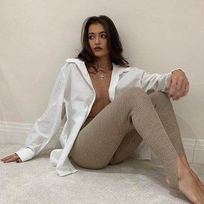 Beige Ribbed Knit Leggings Women High Waist Cotton Fitness Basic Pants Casual Spring New All-Match Female Skinny Leggings.