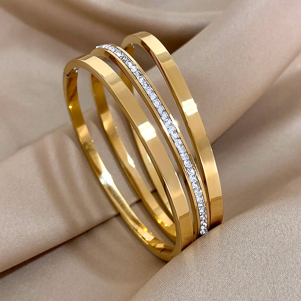 3pcs Glossy Rhinestone Stainless Steel Bangle Bracelet for Women Luxury Gold Silver Color Wristband Bracelet Waterproof Jewelry.
