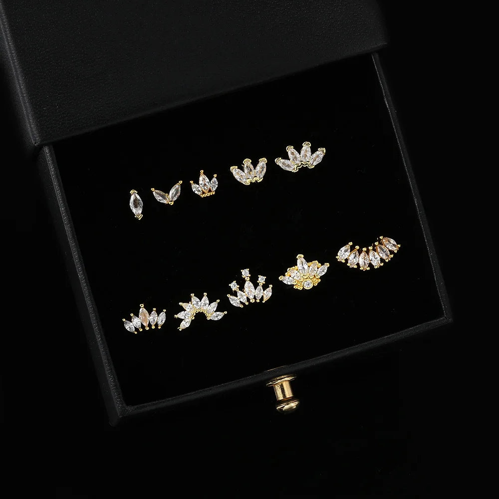 1pc Tragus Piercing Ear Stud Earring For Women Girls Cubic Zirconia Crown Small Helix Pierced Gold Color Ear Accessories Gifts.