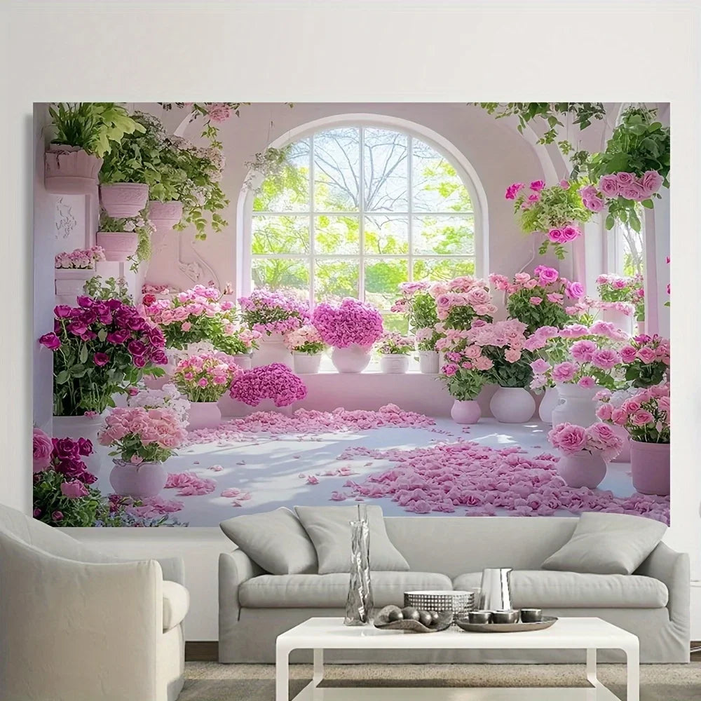 3D Effect Floral Wall Tapestry-pink Flower and Plant Design Multifunctional Room Living Room Decorative Tapestry.