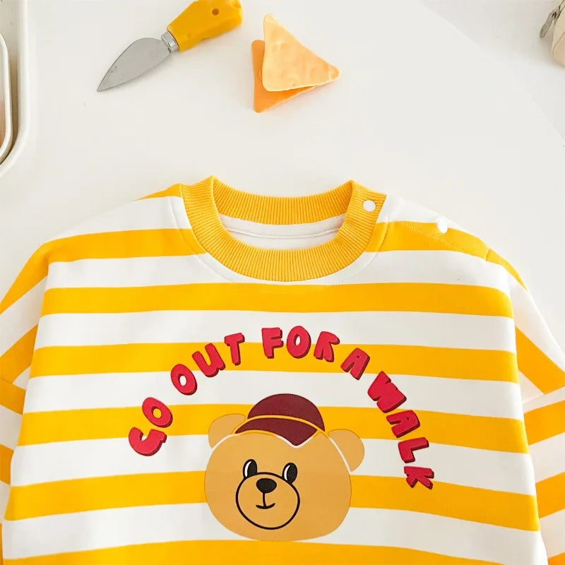 Gelbe Kollektion Frühling Herbst Baby Mädchen Junge Rundkragen Lange Ärmel Cartoon Bär Body/Strampler Neugeborenen Overall K31266.