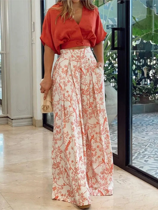 Women Fashion Set Short Sleeve V-Neck Top 2 Piece Sets Lady Casual Pockets Print High Waist Wide Leg Pants Two Piece Sets Summer.