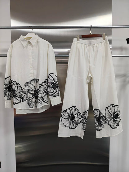 TWOTWINSTYLE Hit Color Loose Casual Two Piece Set For Women Lapel Long Sleeve Loose Top High Waist Temperament Pant Sets Female.