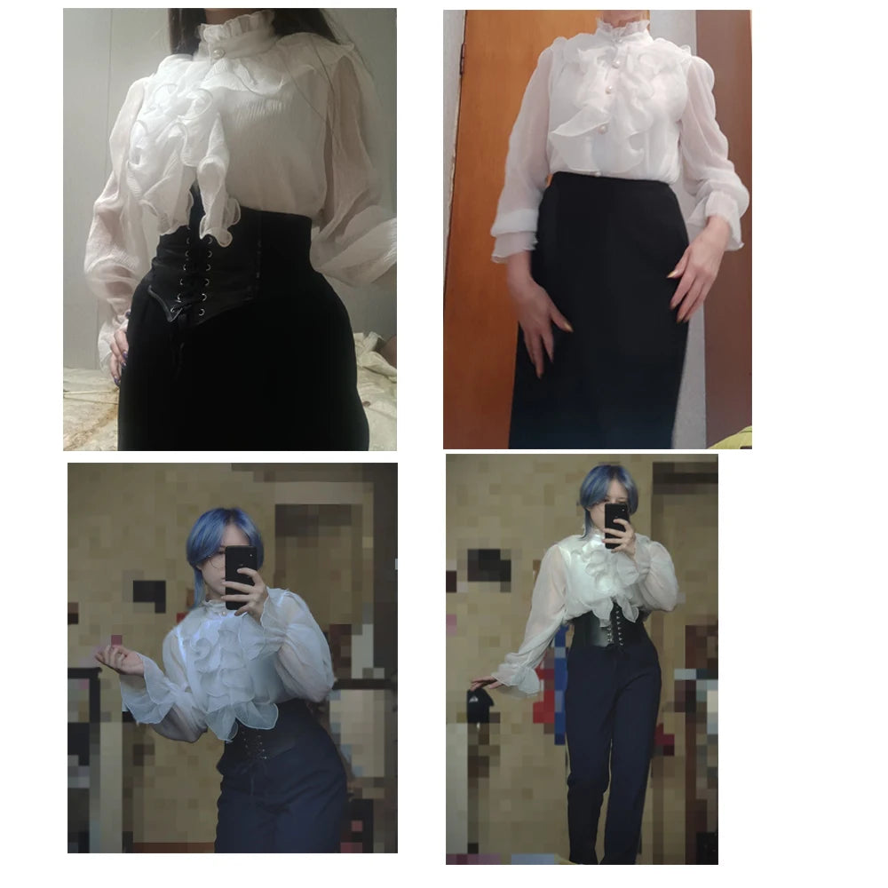 Autumn Vintage Ruffles Clothes Lace Blouse Women Spring Stand Collar White Chiffon Shirt Long Puff Sleeve Loose Tops Elegant.