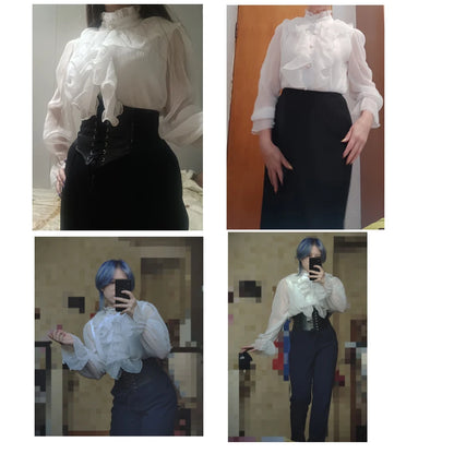 Autumn Vintage Ruffles Clothes Lace Blouse Women Spring Stand Collar White Chiffon Shirt Long Puff Sleeve Loose Tops Elegant.