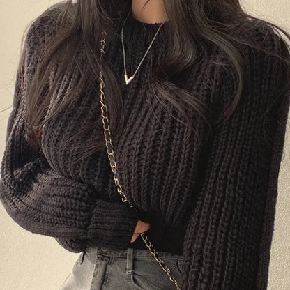 Lose Vintage Harajuku Laterne Langarm Frauen Pullover Koreanische Herbst Winter Strickwaren Weiche Warme Tops Chic Solide Femme Pullover