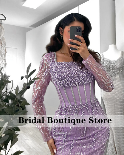 Glänzende blaue Dubai-Abendkleider 2025, mit Perlen verziert, Kristalle, Hochzeitskleid für besondere Anlässe, maßgeschneidert.