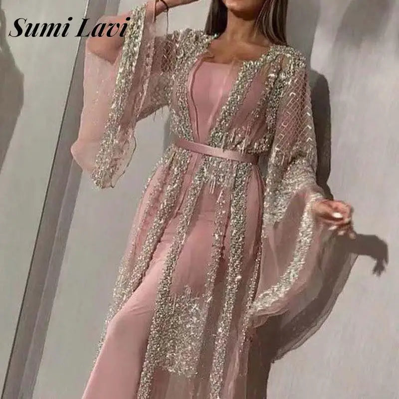 Elegante Frauen Glitter Ausgestelltes Langarm Langes Kleid Vintage Französisch Abendkleid Sexy Damen Mesh Patchwork Split Party Kleider.