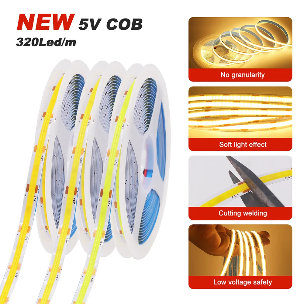 5 V USB-COB-LED-Streifen mit 2-poligem DC-Stecker, 3000 K, 4000 K, 6000 K, 320 LEDs, flexibles Band, lineare Beleuchtung mit hoher Dichte.