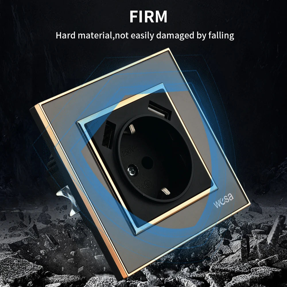 WESA Schwarze Spiegel-Acryl-Steckdose mit 2 USB-Steckdosen nach EU-Standard, Standard-Erdungsstecker, Steckdose, flammhemmend.