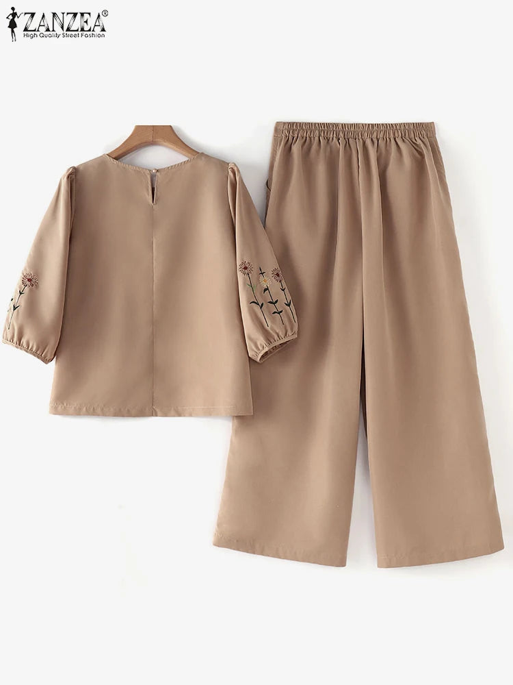 ZANZEA Fashion Women 3/4 Sleeve Embroidery Blouse Pants Sets Autumn 2PCS Floral Tracksuit Casual Loose Wide Leg Trousers Suits.