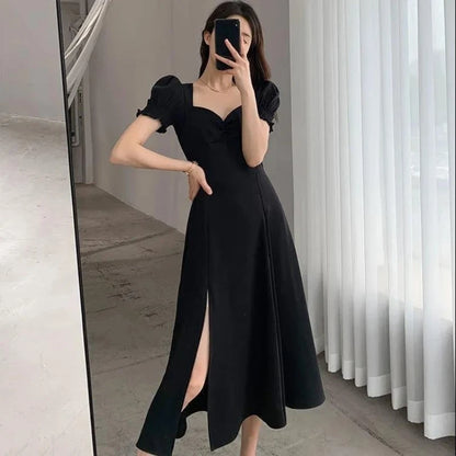 Solide Puff Kurzarm Elegante Schlitz Kleid Neue Mode Frauen V-ausschnitt Volle Kleider Damen Hohe Taille Schlank Abend Party Vestidos.