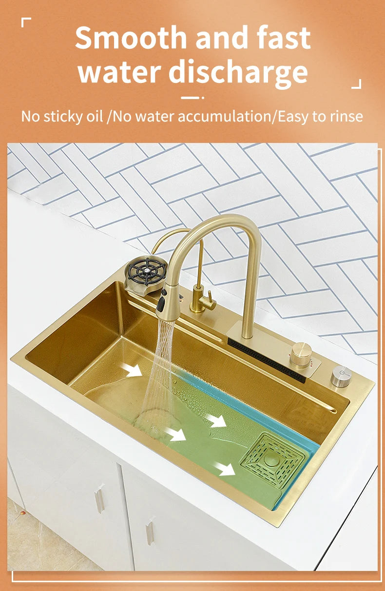 YCRAYS Golden Nano Multifunctional Kitchen Sink 4 Mode Waterfall Faucet Large Single Bowl Soap Dispenser Pure Tap Cup Washer