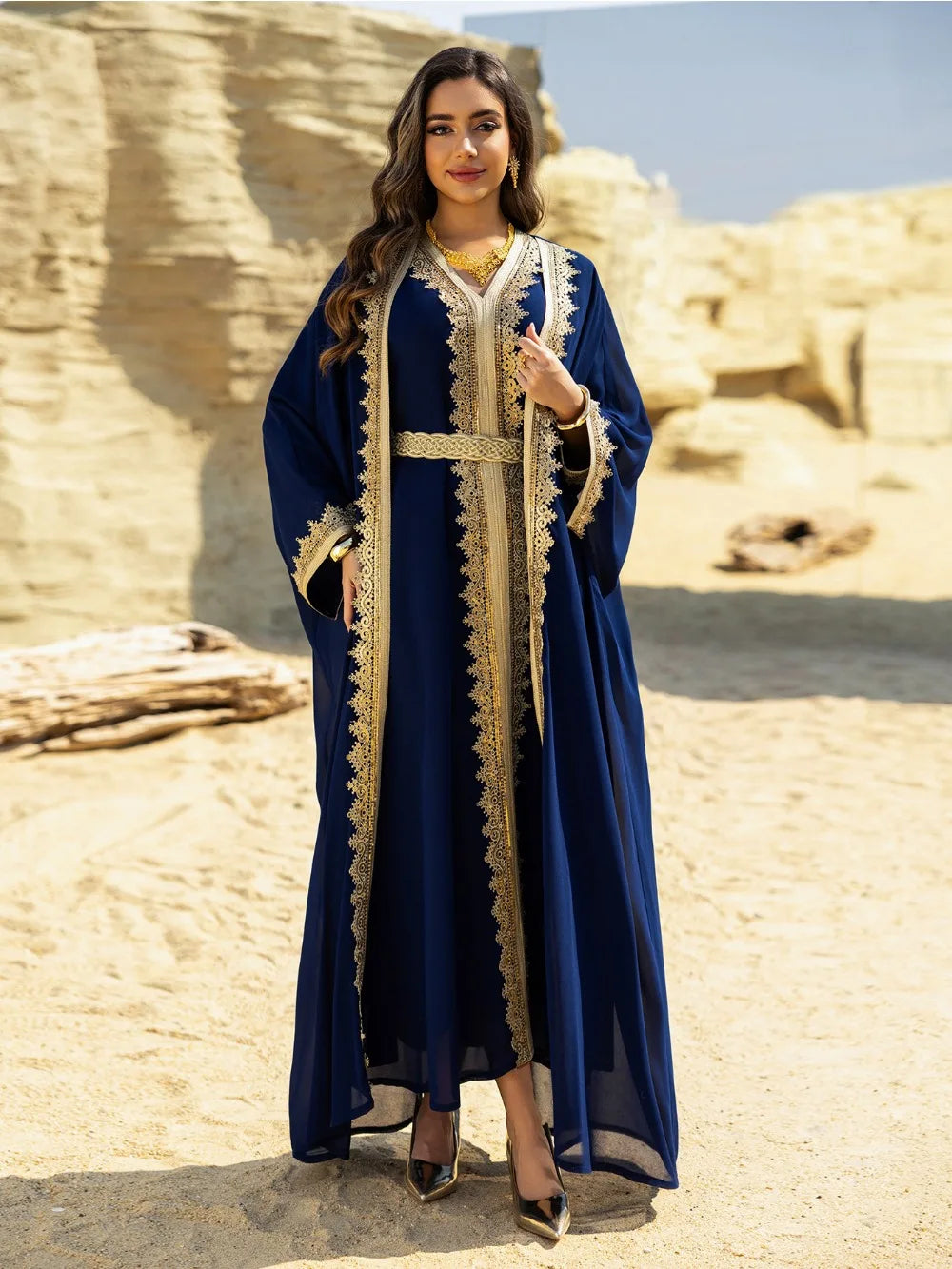 Eid Frauen Abaya Kleid Muslim 2-teiliges Set Strickjacke mit Innenkleid Schnürmantel Kaftan Robe Jalabiya Ramadan Marokko Kaftan 2025.