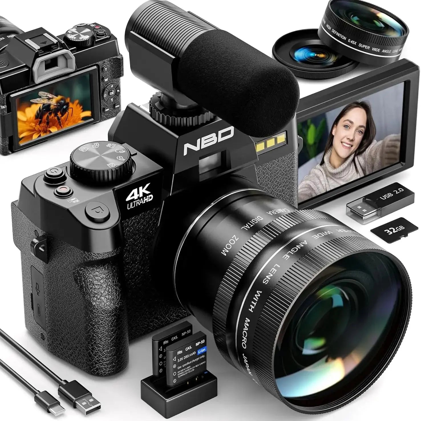 NBD 4K Digital Cameras for Photography,48MP Camera,Travel Vlogging Cameras with 16X Digital Zoom,180°Flip Screen,52mm Macro Lens.