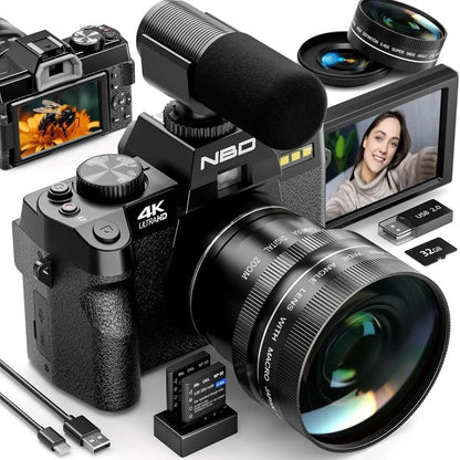 NBD 4K Digital Cameras for Photography,48MP Camera,Travel Vlogging Cameras with 16X Digital Zoom,180°Flip Screen,52mm Macro Lens.