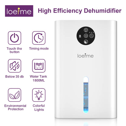 LOEFME Electric Dehumidifier 1800ml Tank, Quiet Dehumidifier for Home, with 6/8/10 Hour Timer for Bathroom, Kitchen, Living Area.