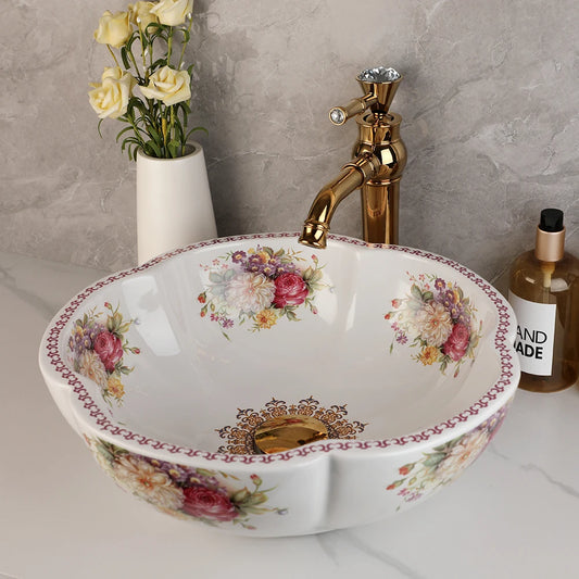 Kemaidi Keramik Bad Bar Waschtisch Waschbecken Wasserhahn Combo Blumen stil weiß über Theke Schüssel mit goldenen Mixer Wasserhähnen