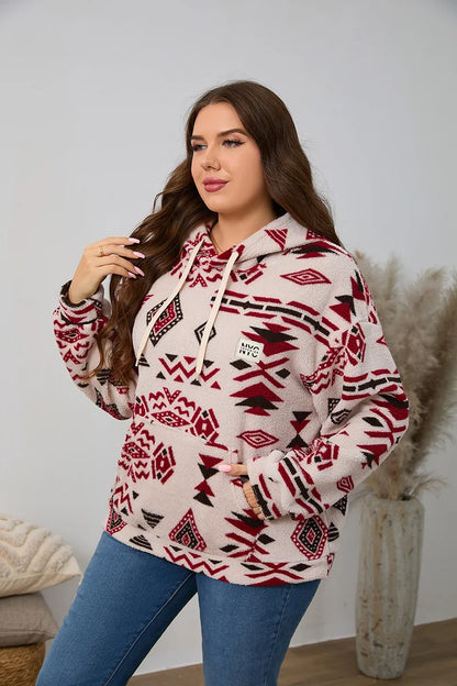 Kapuzenpullover für Damen, große Größe, Reißverschluss-Sweatshirts, ethnischer Druck, flauschiger Streetwear-Pullover, Herbst-Winter-Rollkragenpullover.