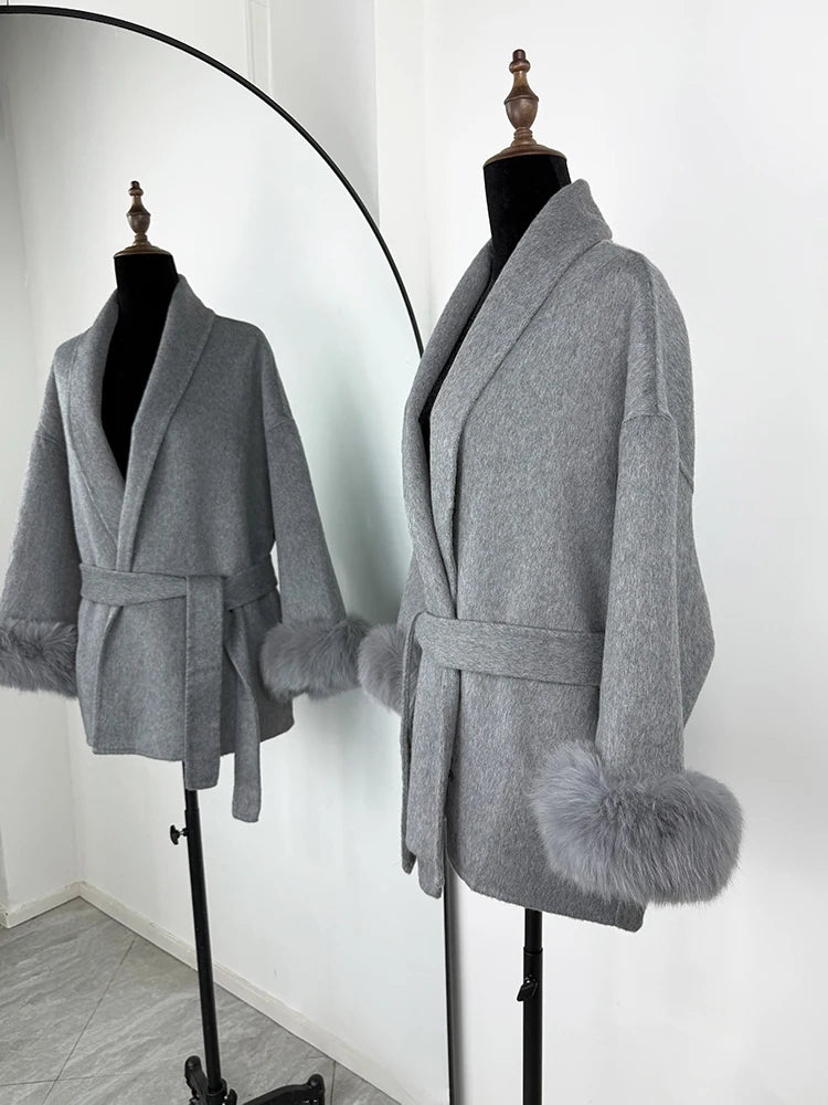 TARUXY Fuchspelz-Wollmäntel für Damen, kurzer Mantel, Bürodame, abnehmbarer, eleganter doppelseitiger Wollmantel, 2025, neue Strickjacke.