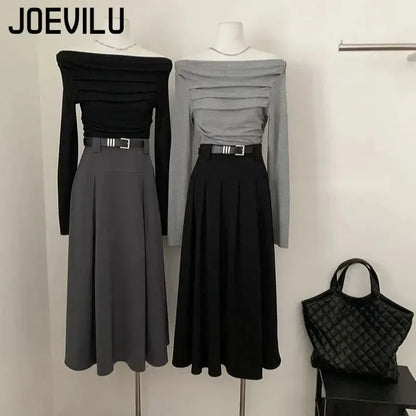 JOEVILU Pleated Off Shoulder Crop Tops Women's Slim Fit Long Sleeve T-shirt Korean Fashion Niche Base Shirt Aesthetic Clothes.