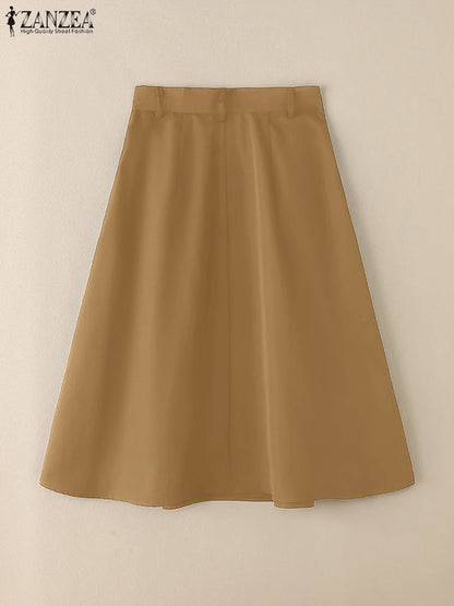ZANZEA Summer Solid Midi Skirt Elegant Women High Waist Work OL Skirts Fashion A-line Jupes Stylish Party Faldas Saia  Plus Size.