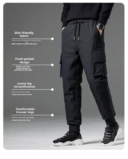 Winter Down Pants Men's Casual Waterproof Zipper Pocket Thick 90% Duck Down Cargo Pants Male Jogger Outdoor Warm Sports Pants.