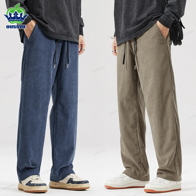 OUSSYU Brand Autumn Winter Men's Stripe Corduroy Pants Elastic Waist Drawstring Straight Thick Outdoors Loose Casual Trousers.