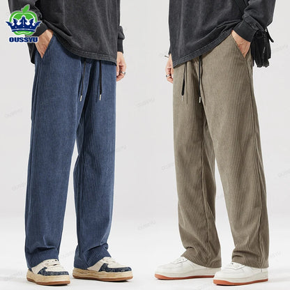 OUSSYU Brand Autumn Winter Men's Stripe Corduroy Pants Elastic Waist Drawstring Straight Thick Outdoors Loose Casual Trousers.